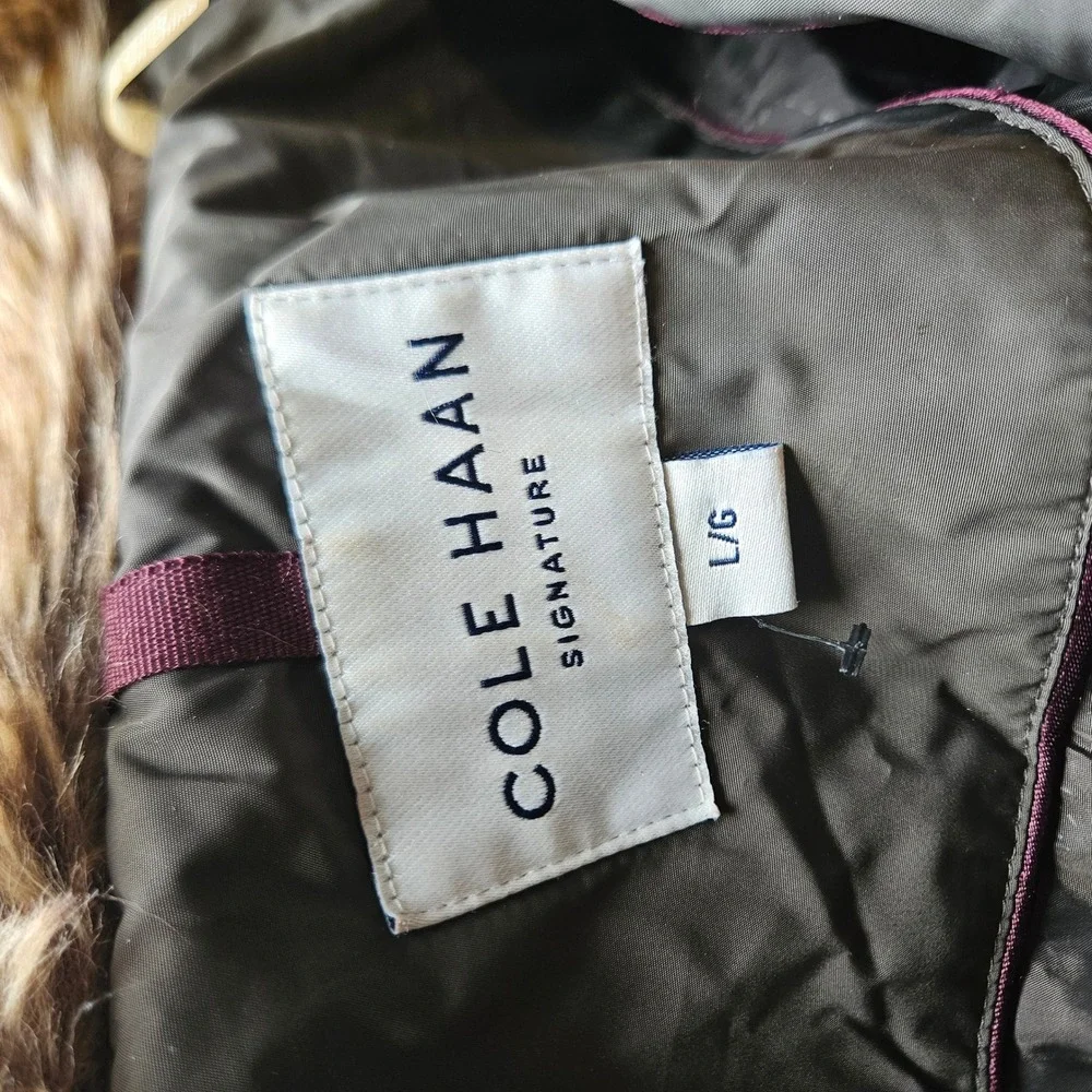 Cole Haan Signature Long Puffer Coat L Olive Green Down Faux Fur Hood Quilted